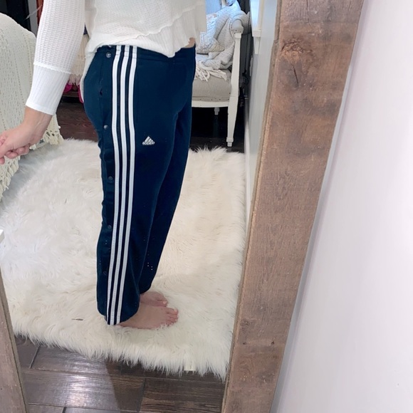 Adidas navy blue stripe athletic pants size large snap sides - Picture 1 of 6